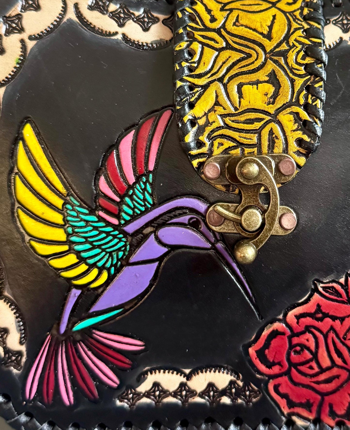 Handmade Tooled Leather Hummingbird Purse, Mexican Artesania