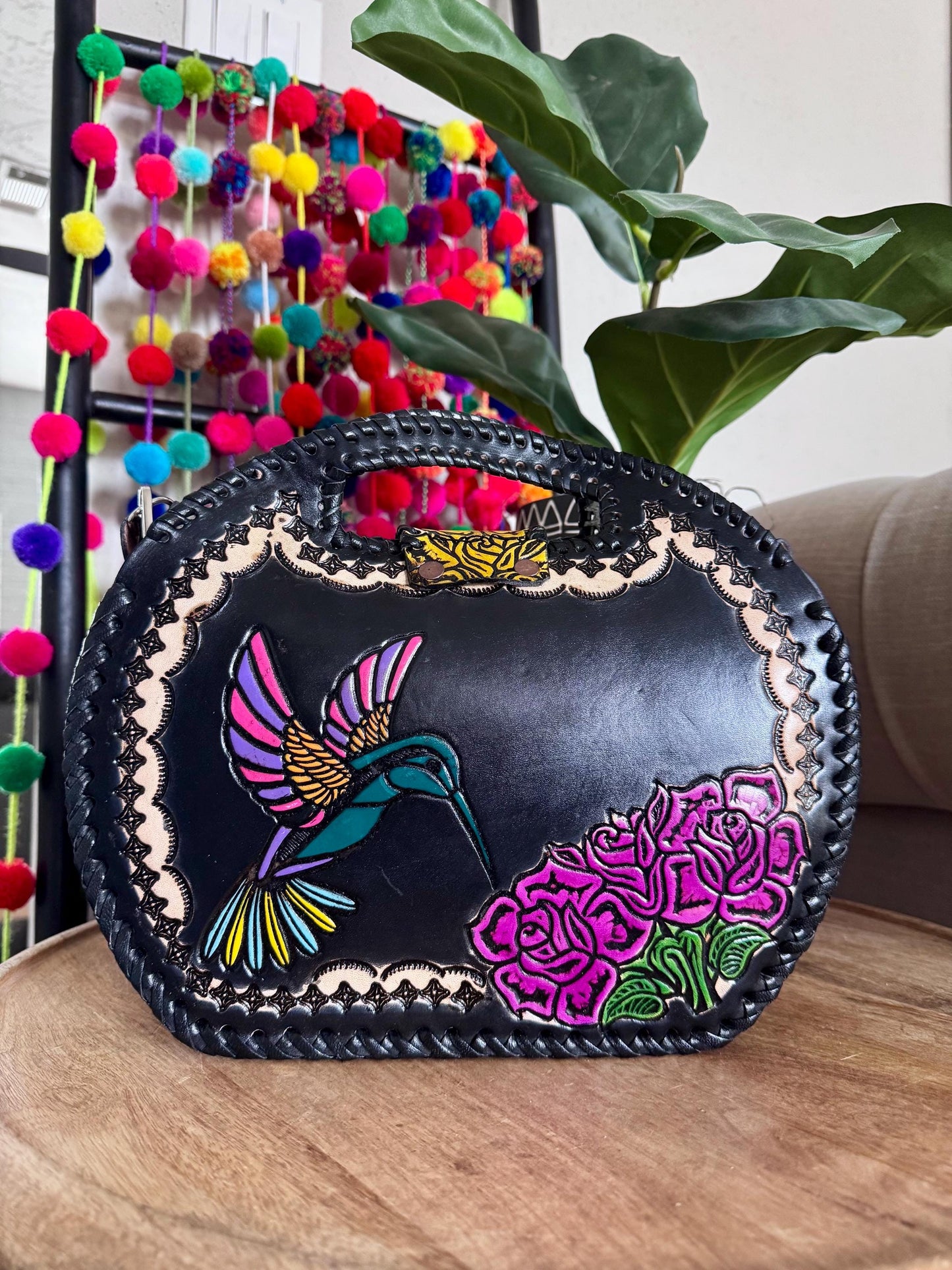 Handmade Tooled Leather Hummingbird Purse, Mexican Artesania