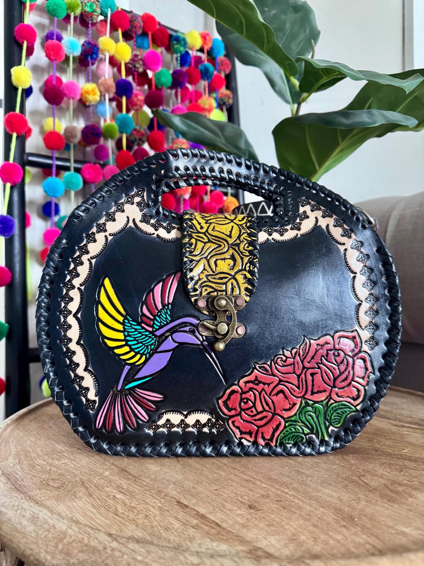 Handmade Tooled Leather Hummingbird Purse, Mexican Artesania