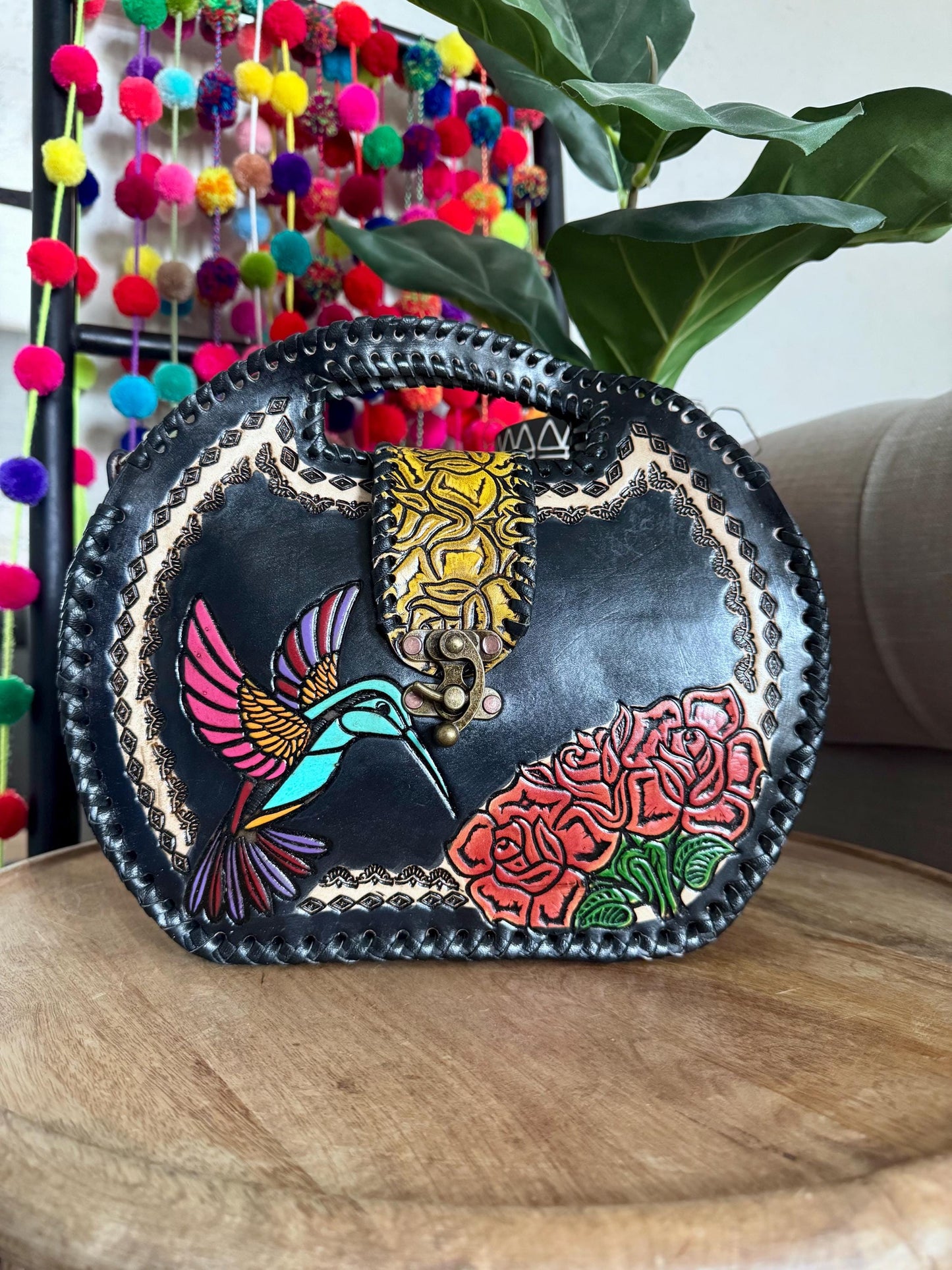 Round Hand Tooled Leather Crossbody – Hummingbird Mexican Artisan Purse – Genuine Leather Floral Bag – Adjustable Strap