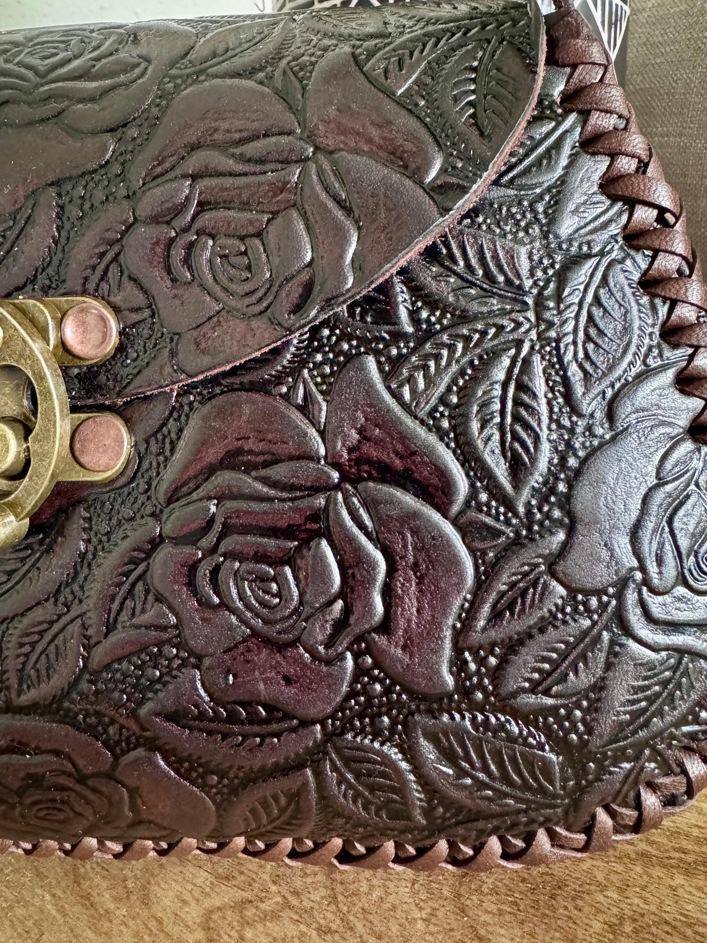 Structured Hand Tooled Leather Crossbody – Mexican Artisan Floral Purse – Double Sided Genuine Leather Bag – Adjustable Strap