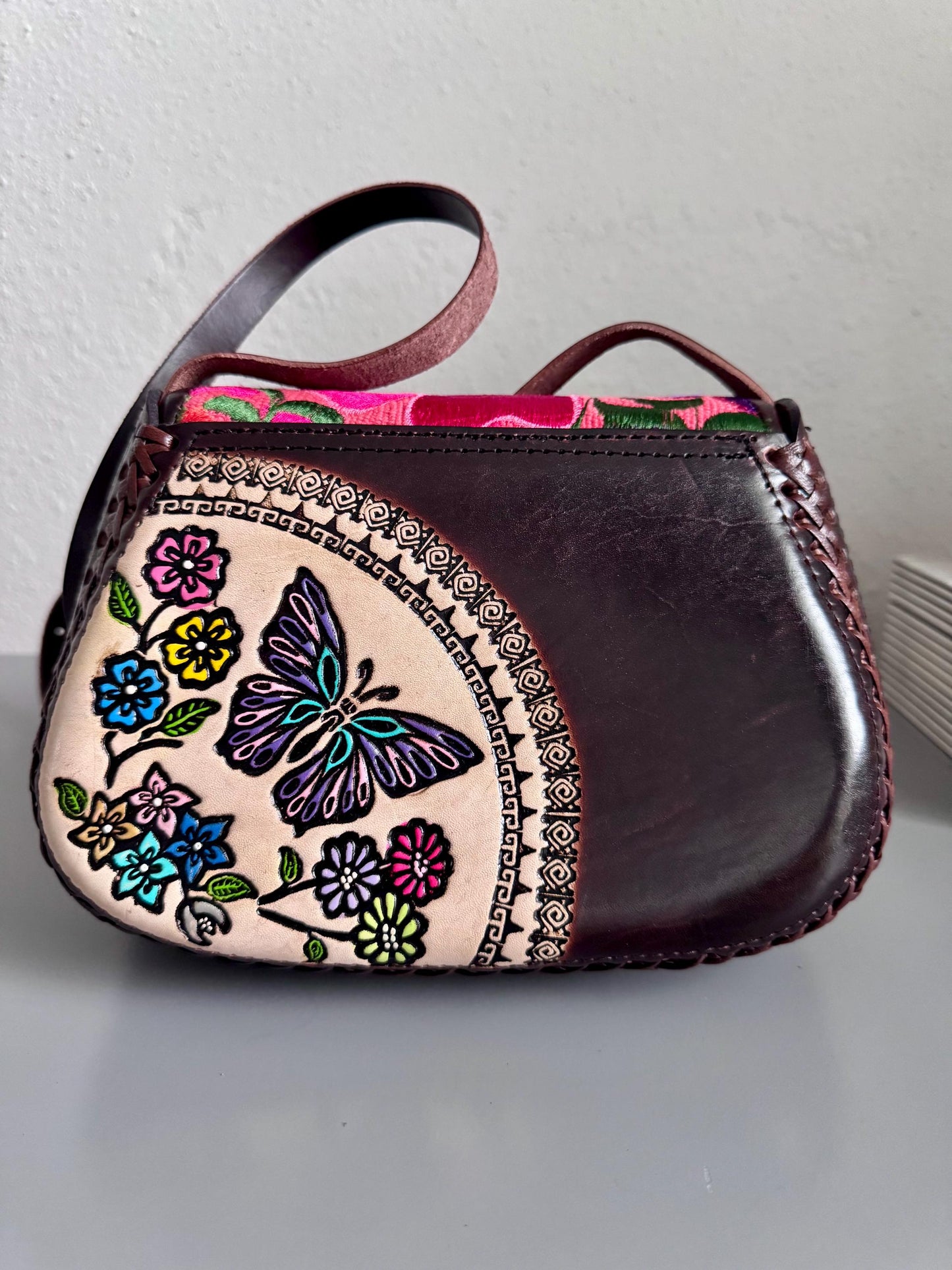 Hand-Tooled and Embroidered Leather Floral Purse, Handmade Mexican Bag, Artesanal