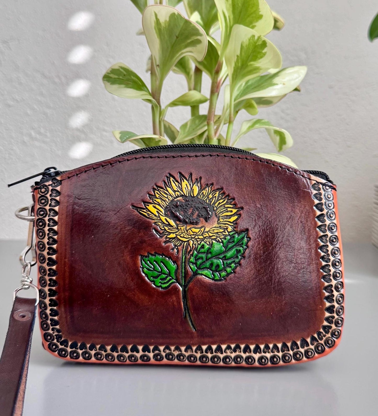 Hand-Tooled Genuine Leather Wristlet | Artisan Made in Mexico | Everyday Leather Cosmetic Bag | Western Chic Double Sided Clutch (3 Designs)