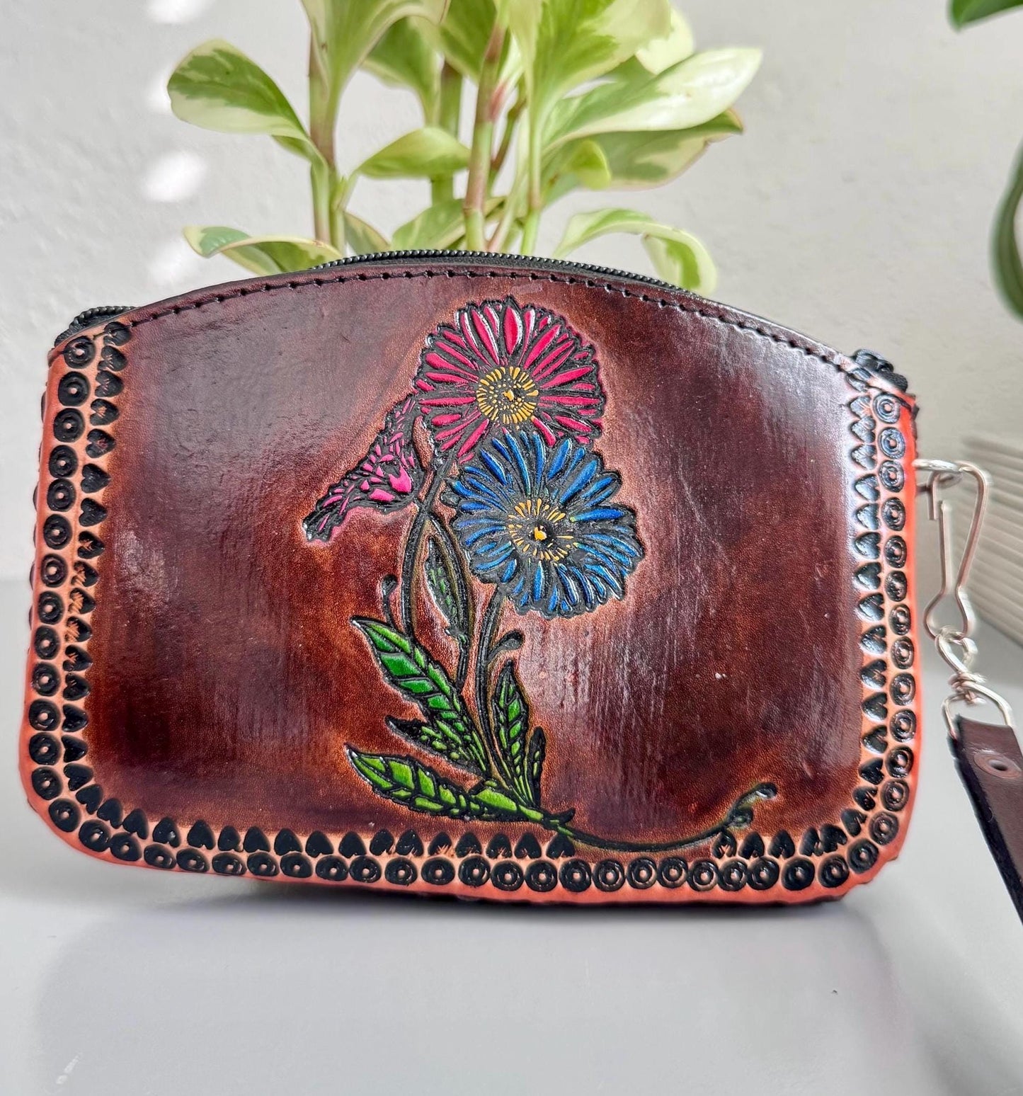 Hand-Tooled Genuine Leather Wristlet | Artisan Made in Mexico | Everyday Leather Cosmetic Bag | Western Chic Double Sided Clutch (3 Designs)