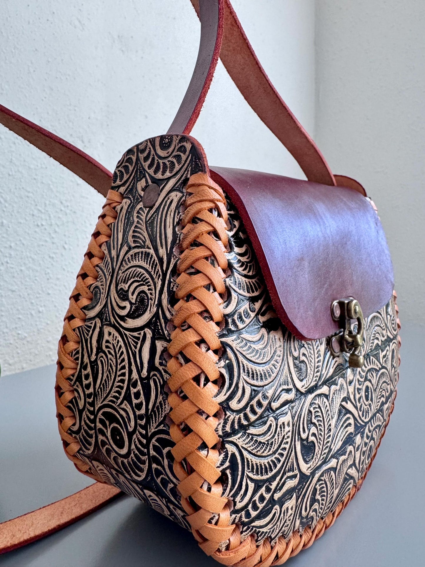 Hand-Tooled Leather Crossbody Purse, Floral Embossed Mexican Bag