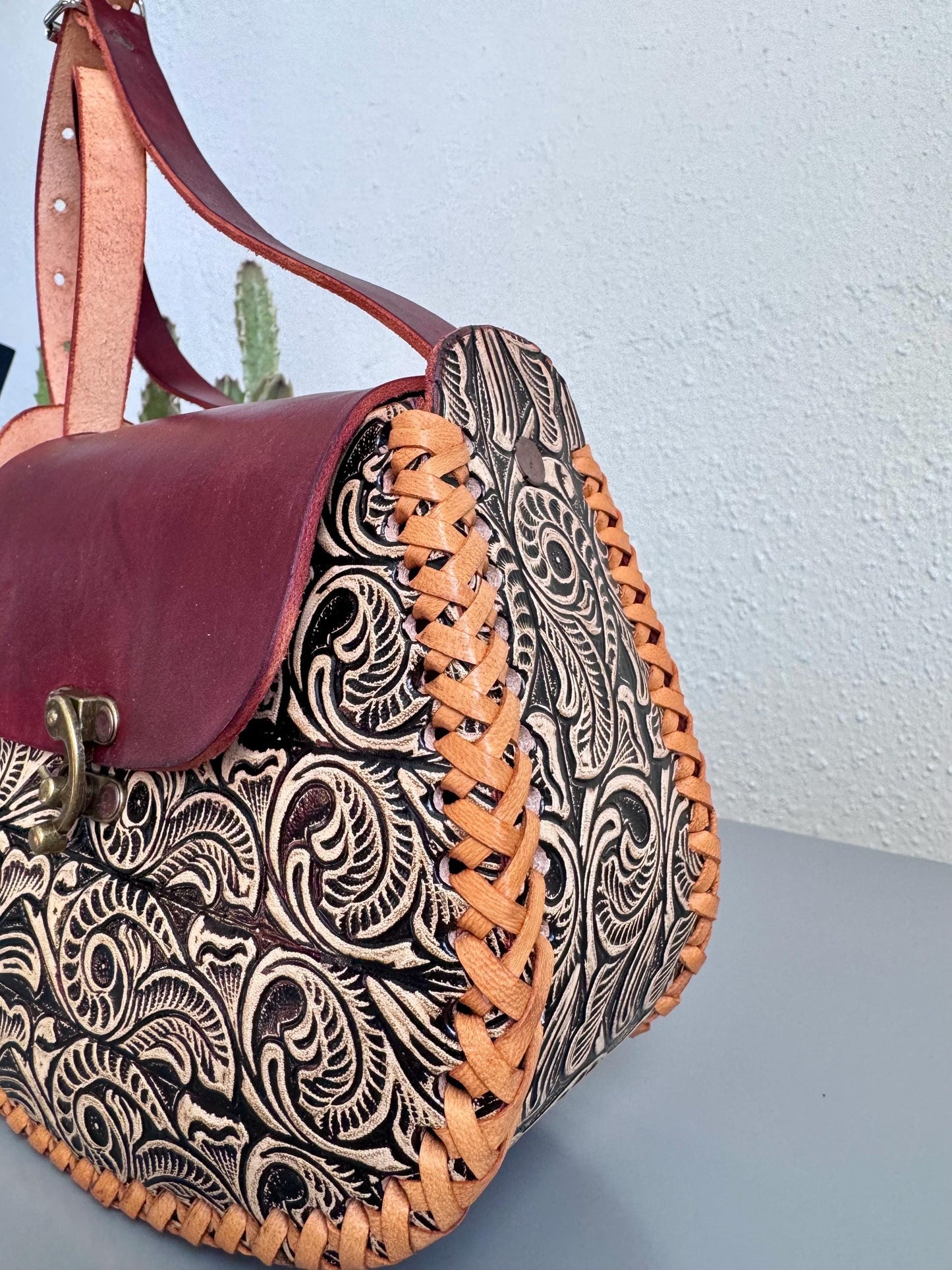 Hand-Tooled Leather Crossbody Purse, Floral Embossed Mexican Bag