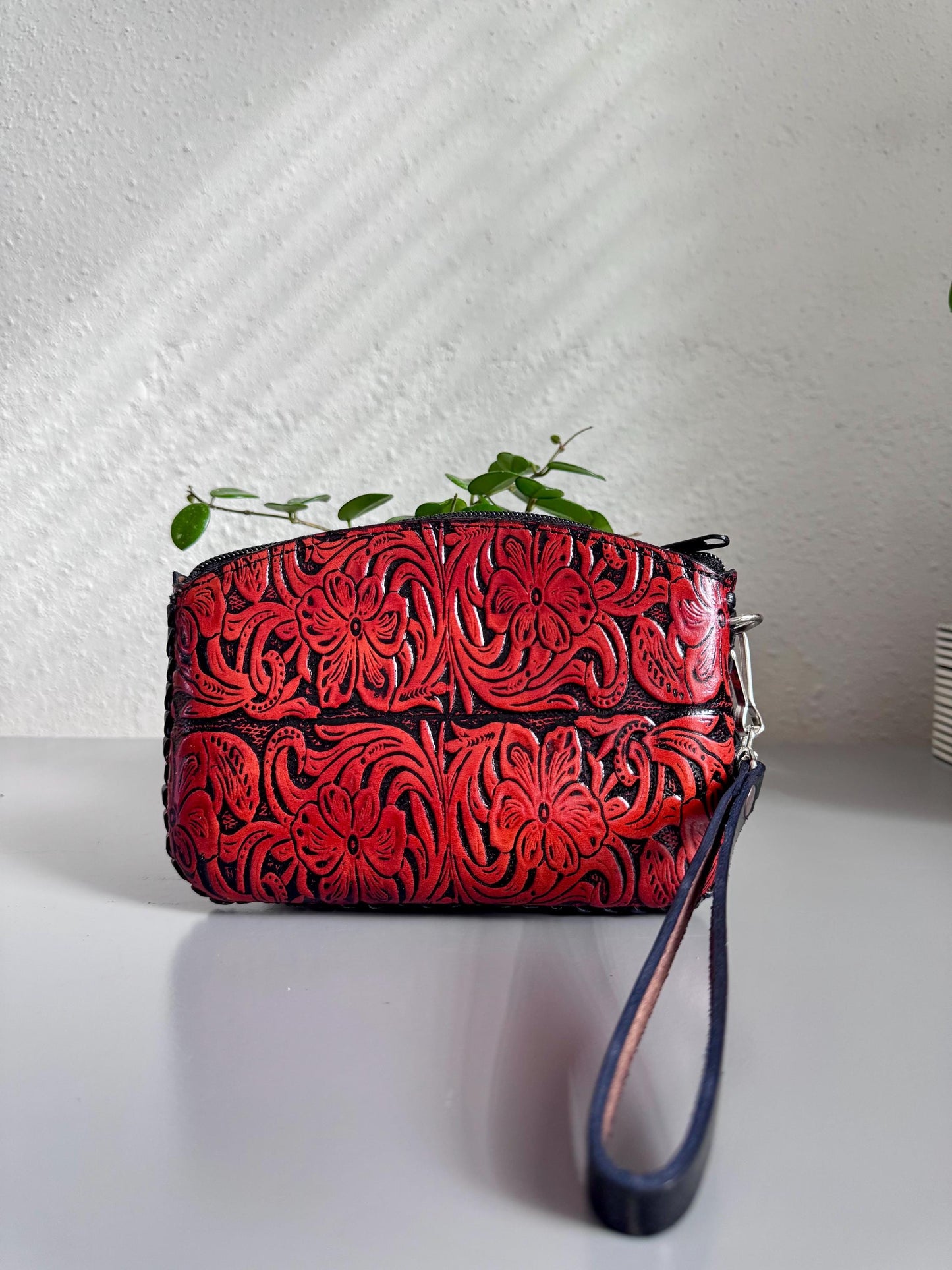Hand-Tooled Genuine Leather Floral Wristlet | Artisan Made in Mexico | Everyday Leather Cosmetic Bag | Western Chic Clutch
