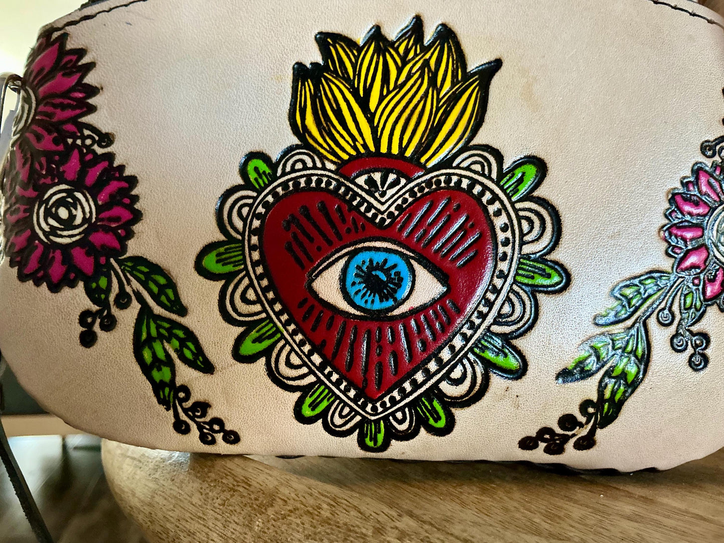 Structured Hand Tooled Leather Crossbody – Floral Evil Eye Mexican Artisan Purse – Double Sided Genuine Leather Bag