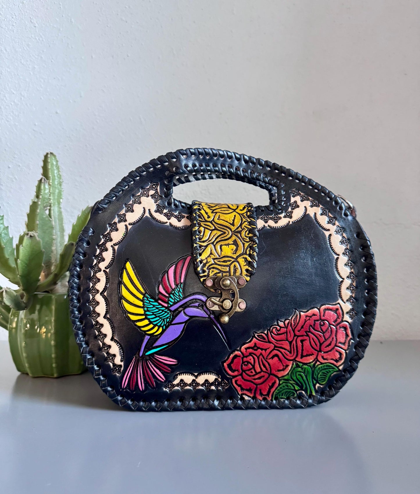 Handmade Tooled Leather Hummingbird Purse, Mexican Artesania