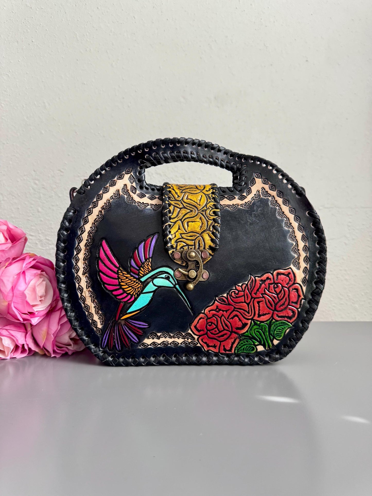 Round Hand Tooled Leather Crossbody – Hummingbird Mexican Artisan Purse – Genuine Leather Floral Bag – Adjustable Strap