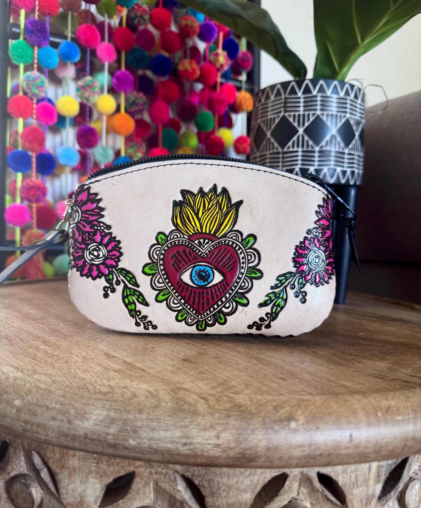 Structured Hand Tooled Leather Crossbody – Floral Evil Eye Mexican Artisan Purse – Double Sided Genuine Leather Bag