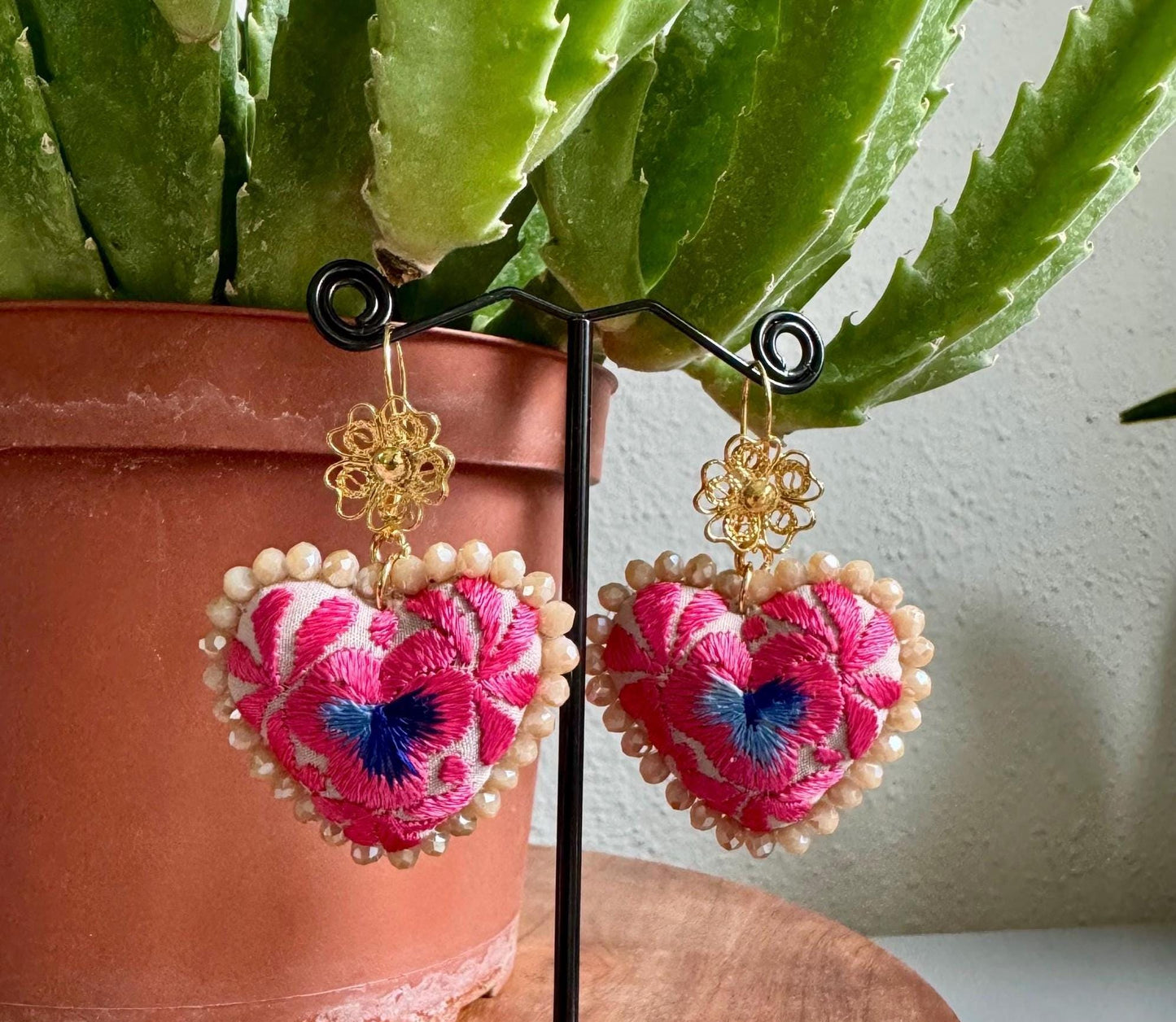 Embroidered Heart Earrings: Mexican Filigree, Beaded Floral Details