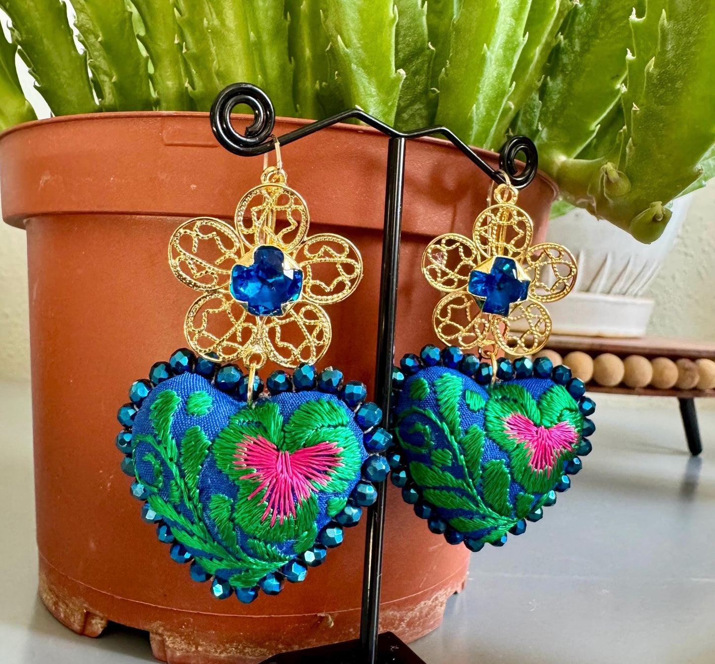 Embroidered Heart Earrings: Traditional Mexican Filigree, Beaded Floral Details