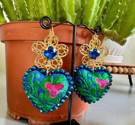 Embroidered Heart Earrings: Traditional Mexican Filigree, Beaded Floral Details
