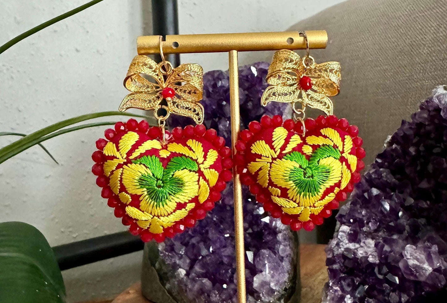 Handmade Embroidered Heart Earrings: Traditional Mexican Artesania