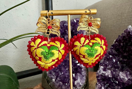 Handmade Embroidered Heart Earrings: Traditional Mexican Artesania
