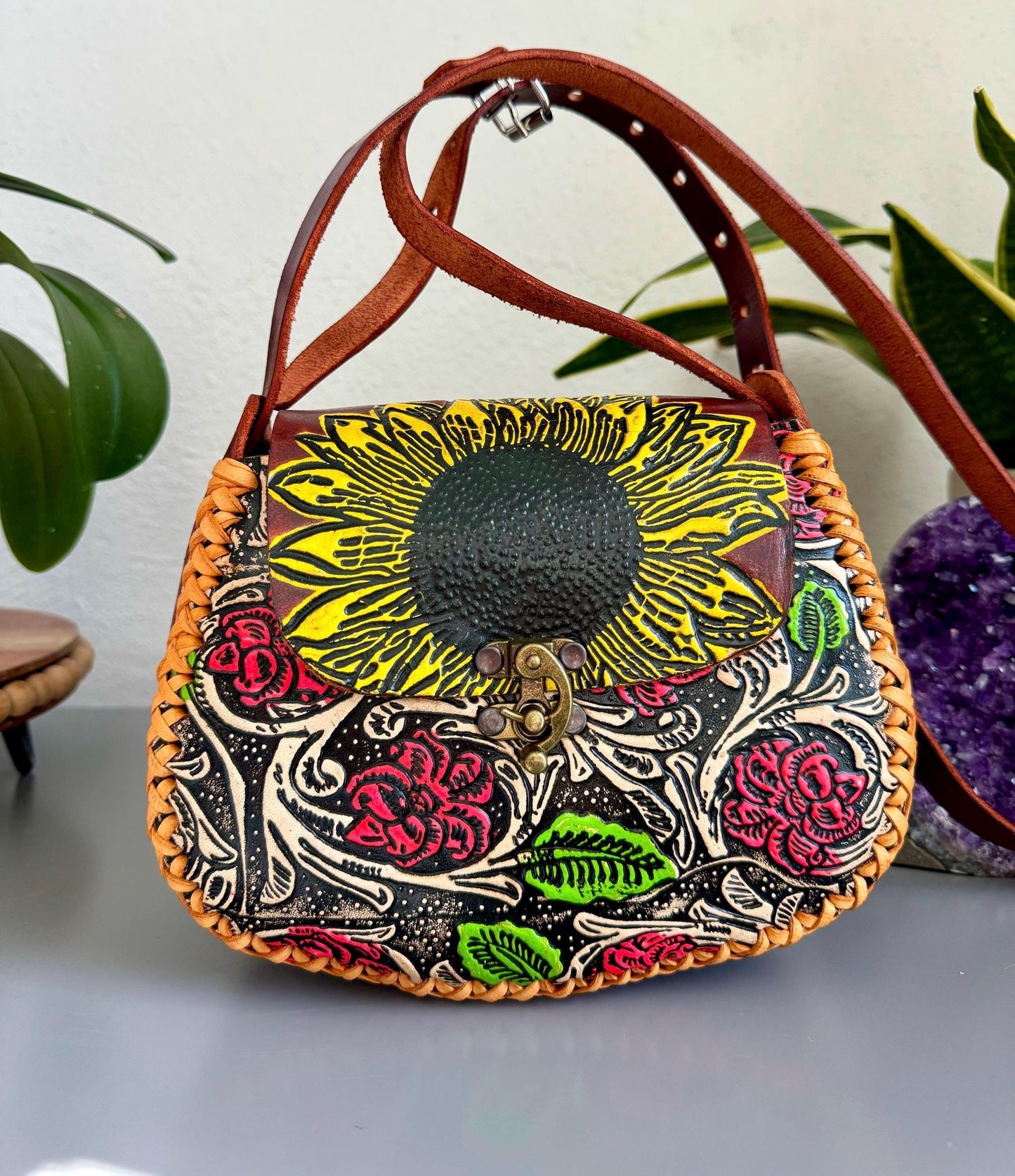 Hand-Tooled Embossed Leather Floral Purse: Mexican Sunflower Handbag