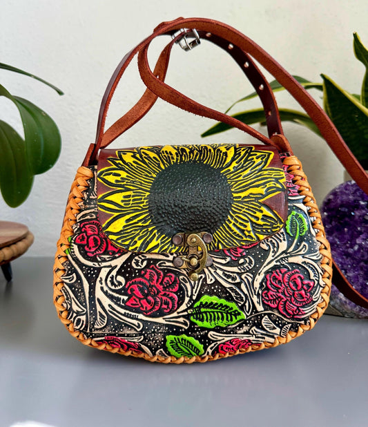 Hand-Tooled Embossed Leather Floral Purse: Mexican Sunflower Handbag
