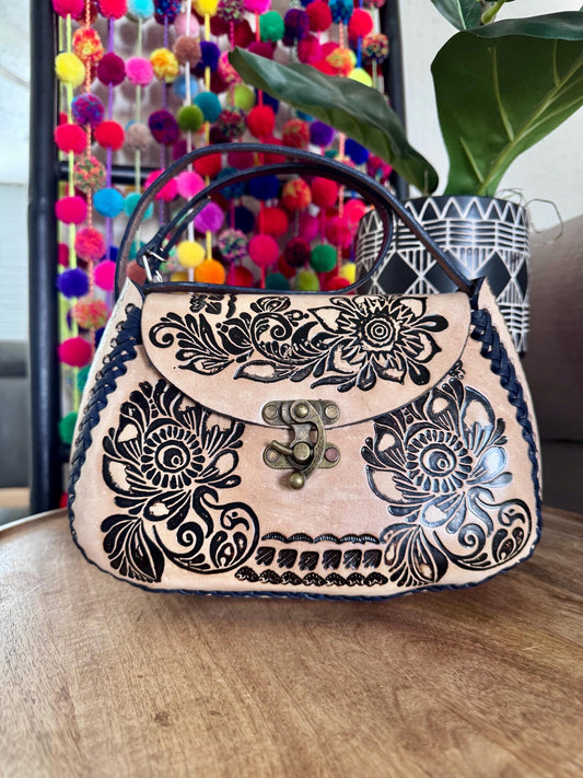Hand-Tooled Embossed Leather, Mexican Floral Purse, Handmade Handbag, Bolsa de Piel, Artesanal Leather Crossbody