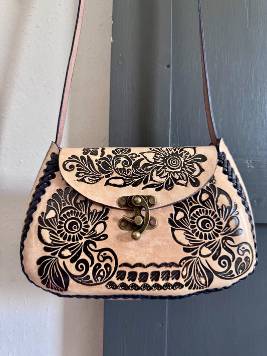 Hand-Tooled Embossed Leather, Mexican Floral Purse, Handmade Handbag, Bolsa de Piel, Artesanal Leather Crossbody