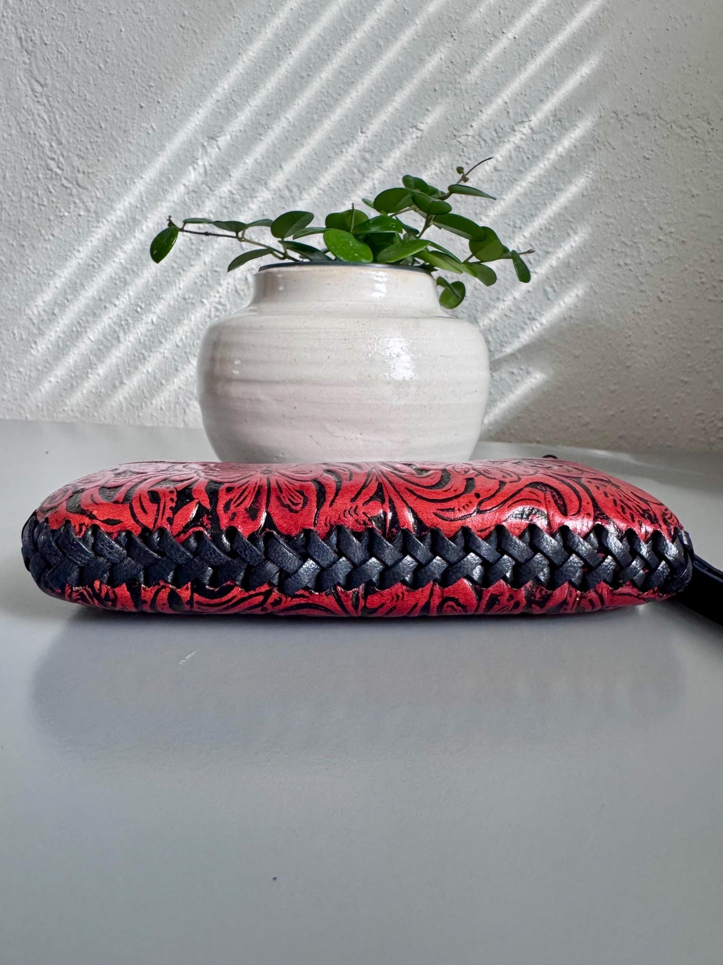 Hand-Tooled Genuine Leather Floral Wristlet | Artisan Made in Mexico | Everyday Leather Cosmetic Bag | Western Chic Clutch
