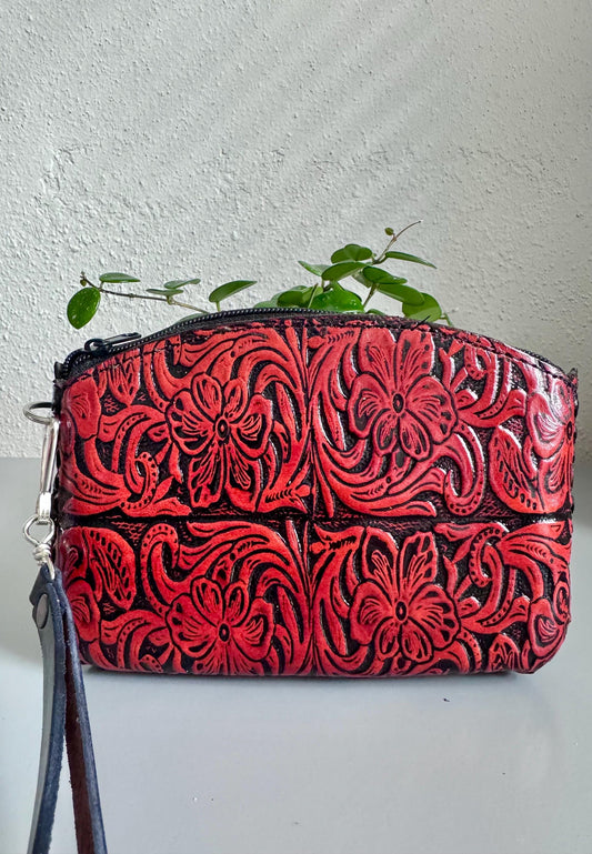 Hand-Tooled Genuine Leather Floral Wristlet | Artisan Made in Mexico | Everyday Leather Cosmetic Bag | Western Chic Clutch