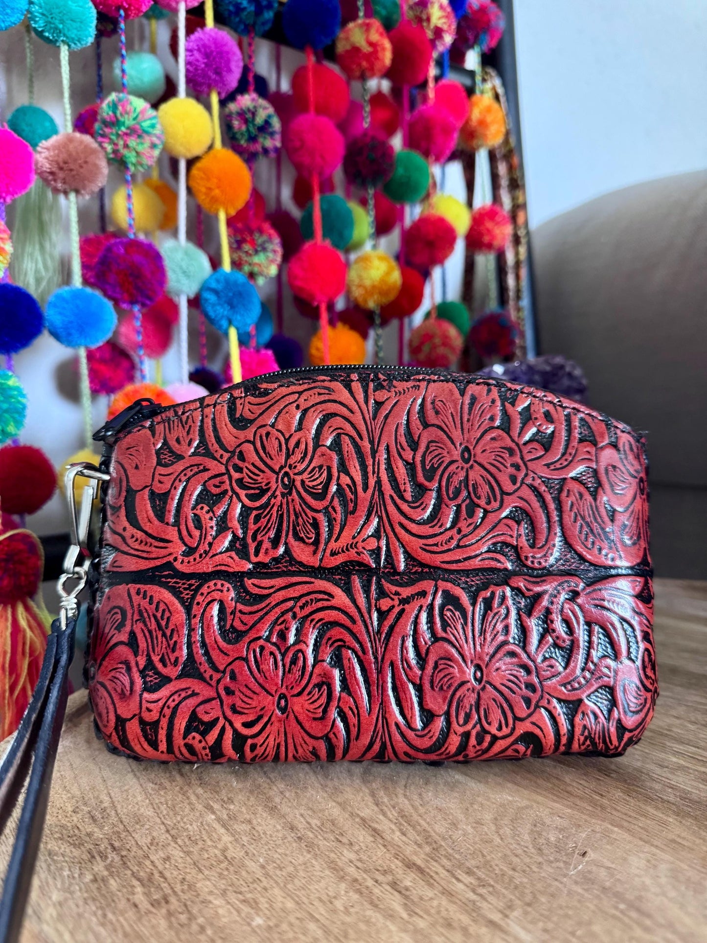 Hand-Tooled Genuine Leather Floral Wristlet | Artisan Made in Mexico | Everyday Leather Cosmetic Bag | Western Chic Clutch
