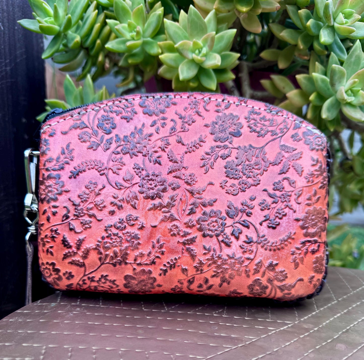 Hand-Tooled Leather Floral Wristlet | Artisan Made in Mexico, Western Chic Clutch
