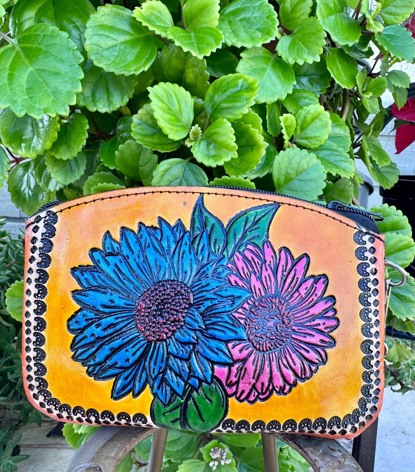 Hand-Tooled Genuine Floral Butterfly Leather Wristlet | Artisan Made in Mexico | Everyday Leather Cosmetic Bag | Western Chic Clutch