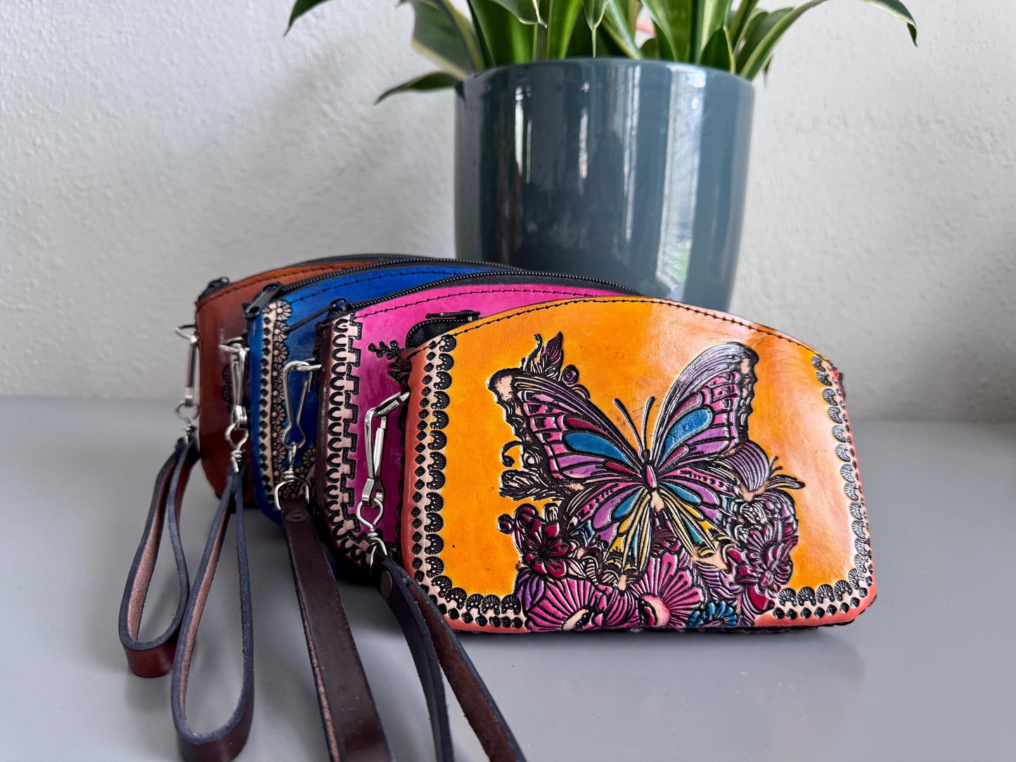 Hand-Tooled Genuine Floral Butterfly Leather Wristlet | Artisan Made in Mexico | Everyday Leather Cosmetic Bag | Western Chic Clutch