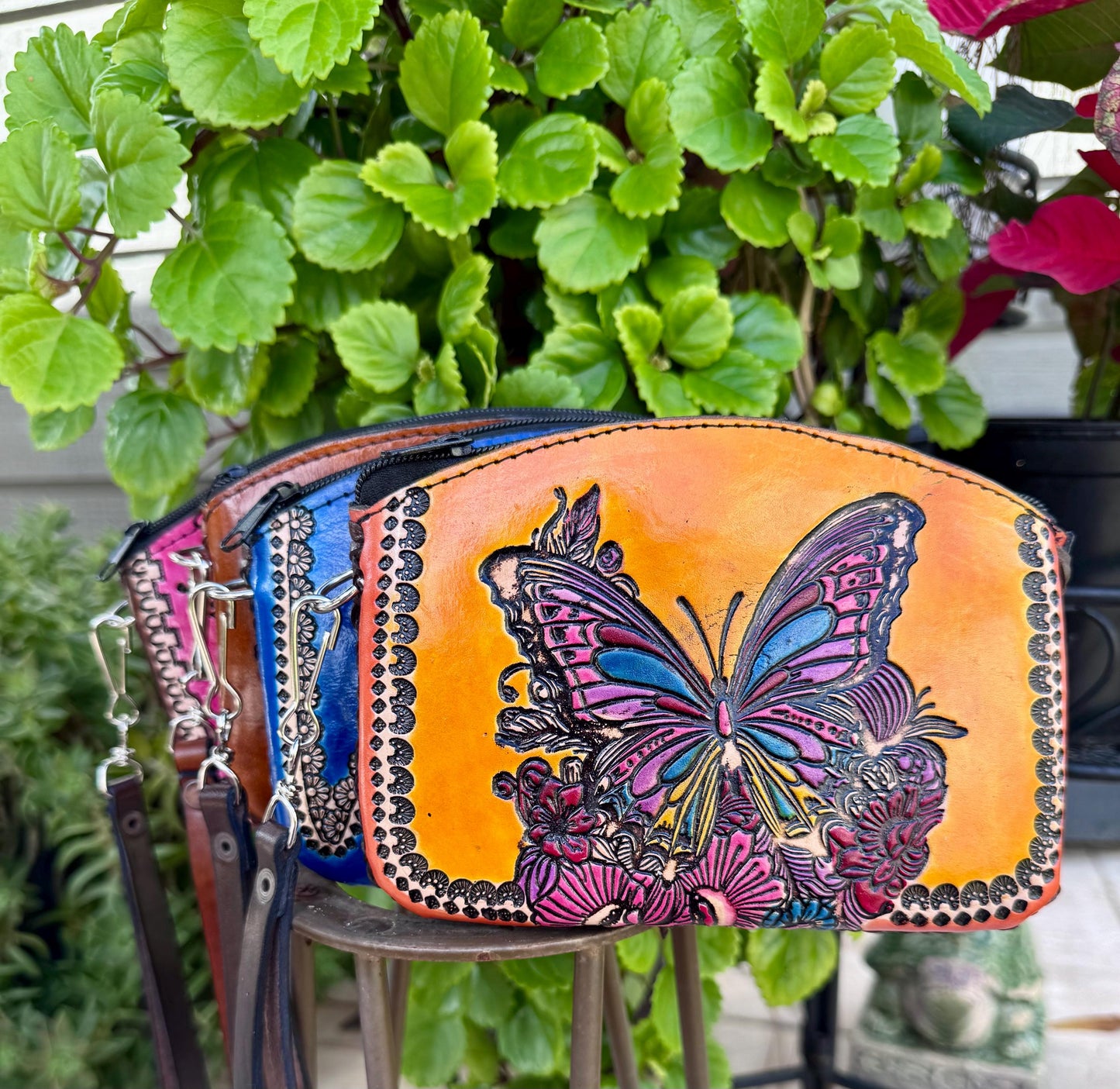 Hand-Tooled Genuine Floral Butterfly Leather Wristlet | Artisan Made in Mexico | Everyday Leather Cosmetic Bag | Western Chic Clutch