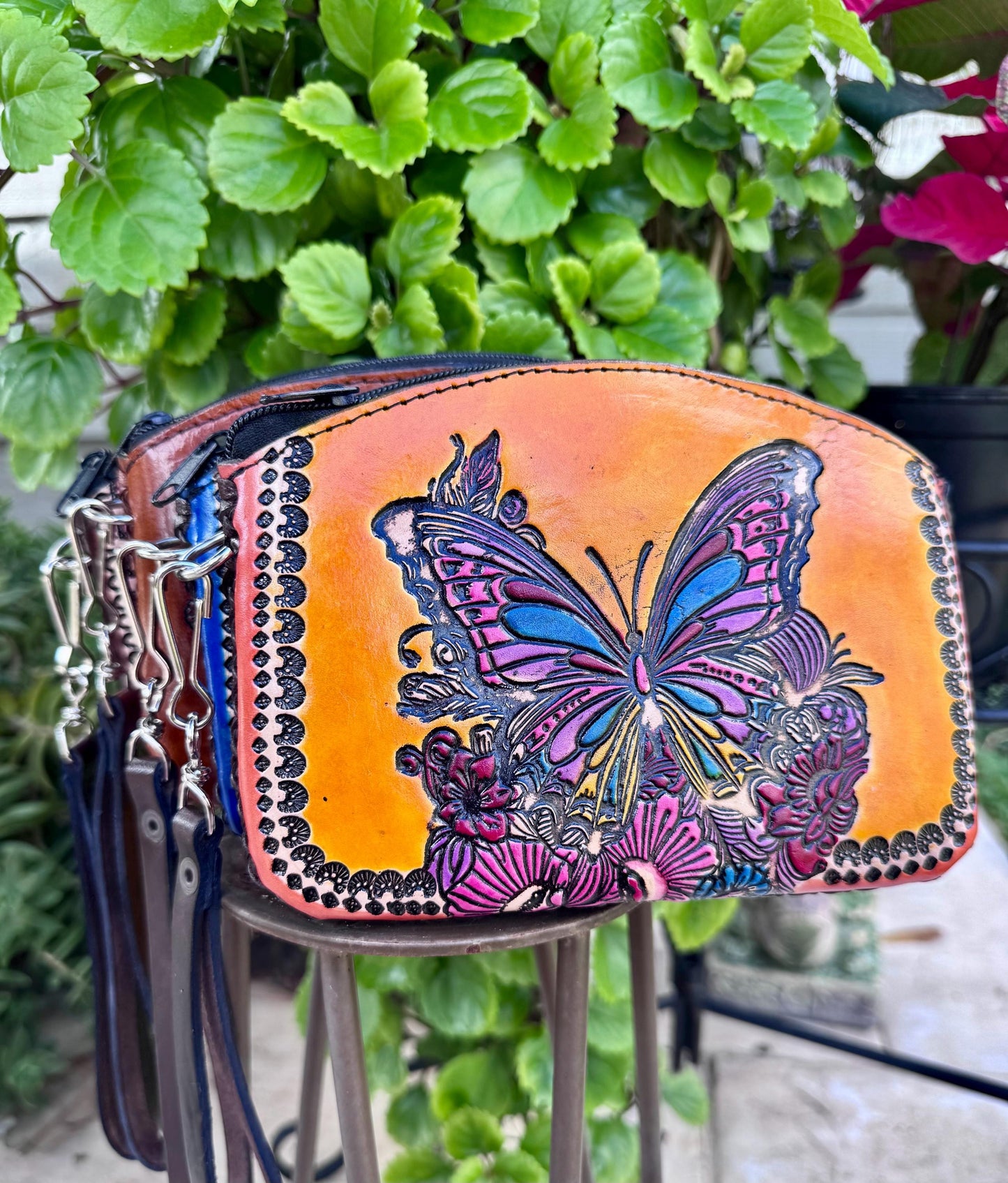 Hand-Tooled Genuine Floral Butterfly Leather Wristlet | Artisan Made in Mexico | Everyday Leather Cosmetic Bag | Western Chic Clutch