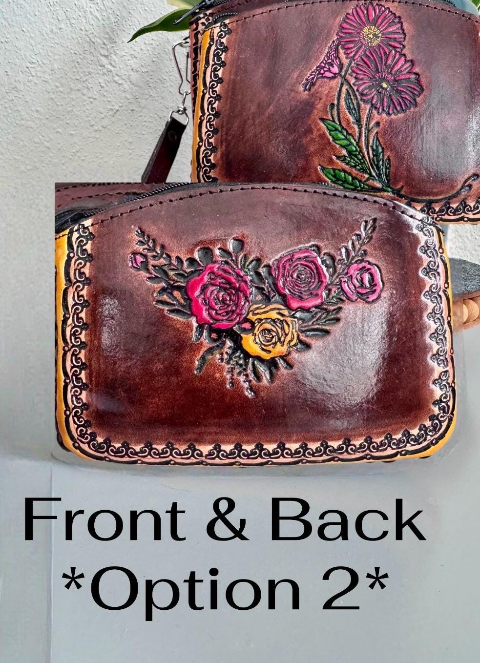 Hand-Tooled Genuine Leather Wristlet | Artisan Made in Mexico | Everyday Leather Cosmetic Bag | Western Chic Double Sided Clutch (3 Designs)