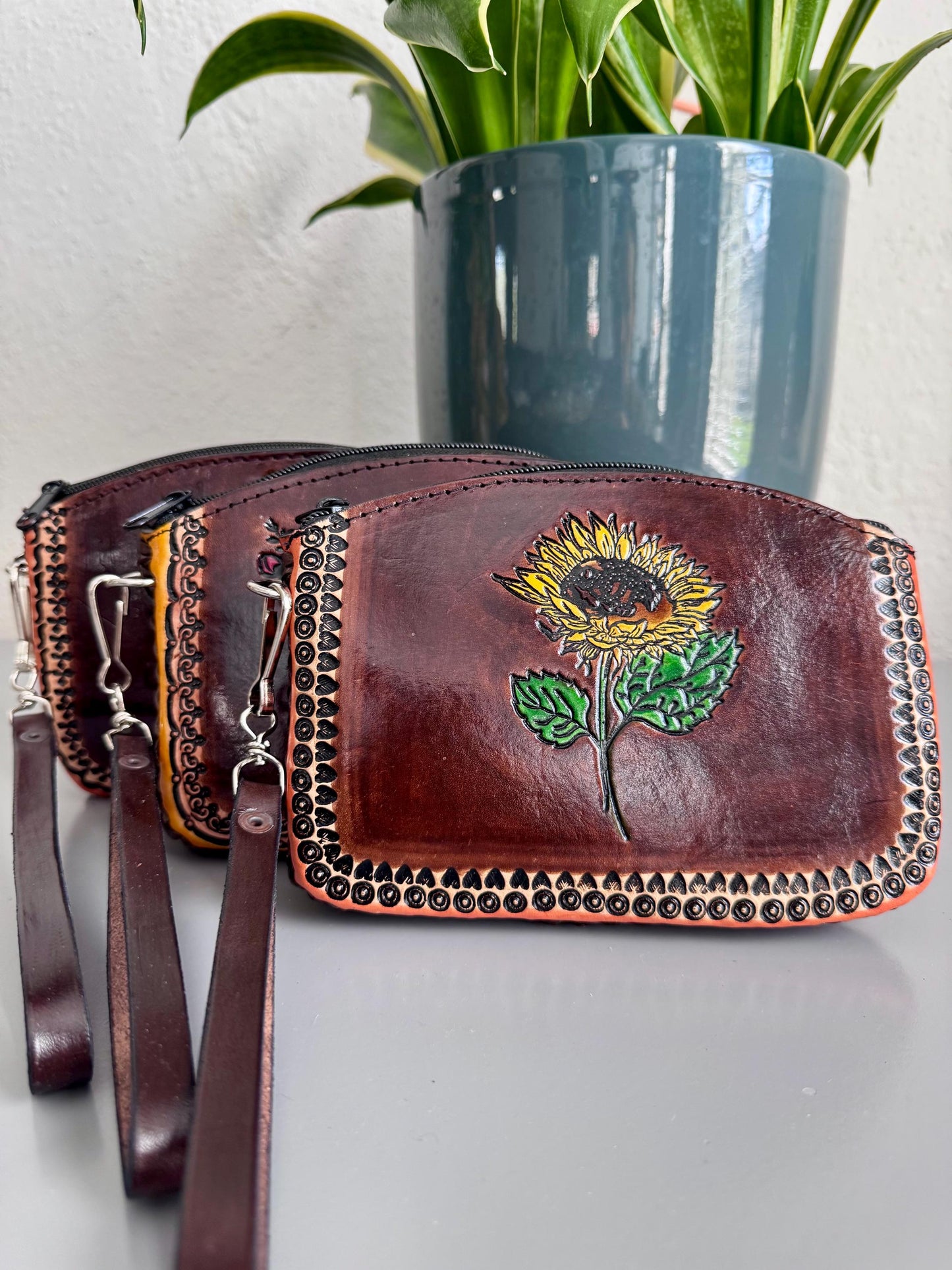 Hand-Tooled Genuine Leather Wristlet | Artisan Made in Mexico | Everyday Leather Cosmetic Bag | Western Chic Double Sided Clutch (3 Designs)