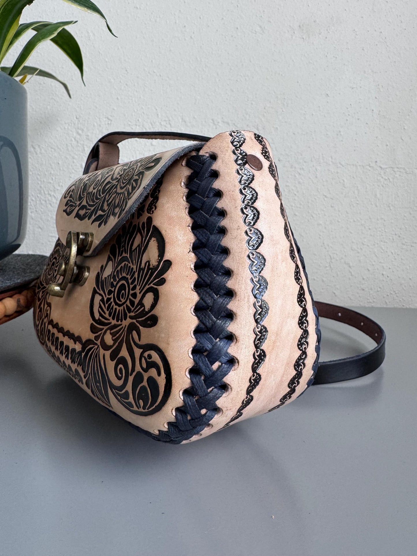 Hand-Tooled Leather Floral Crossbody Purse, Mexican Artisan Handbag