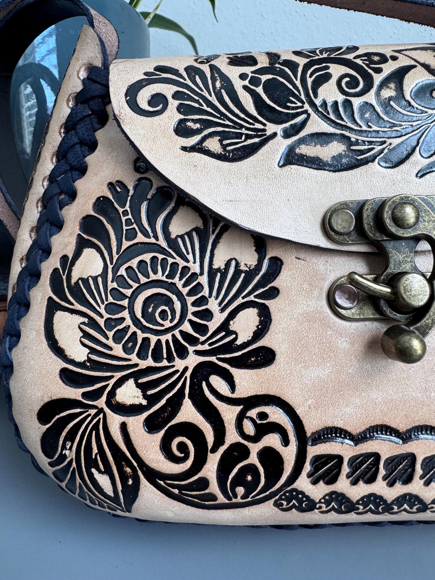 Hand-Tooled Leather Floral Crossbody Purse, Mexican Artisan Handbag