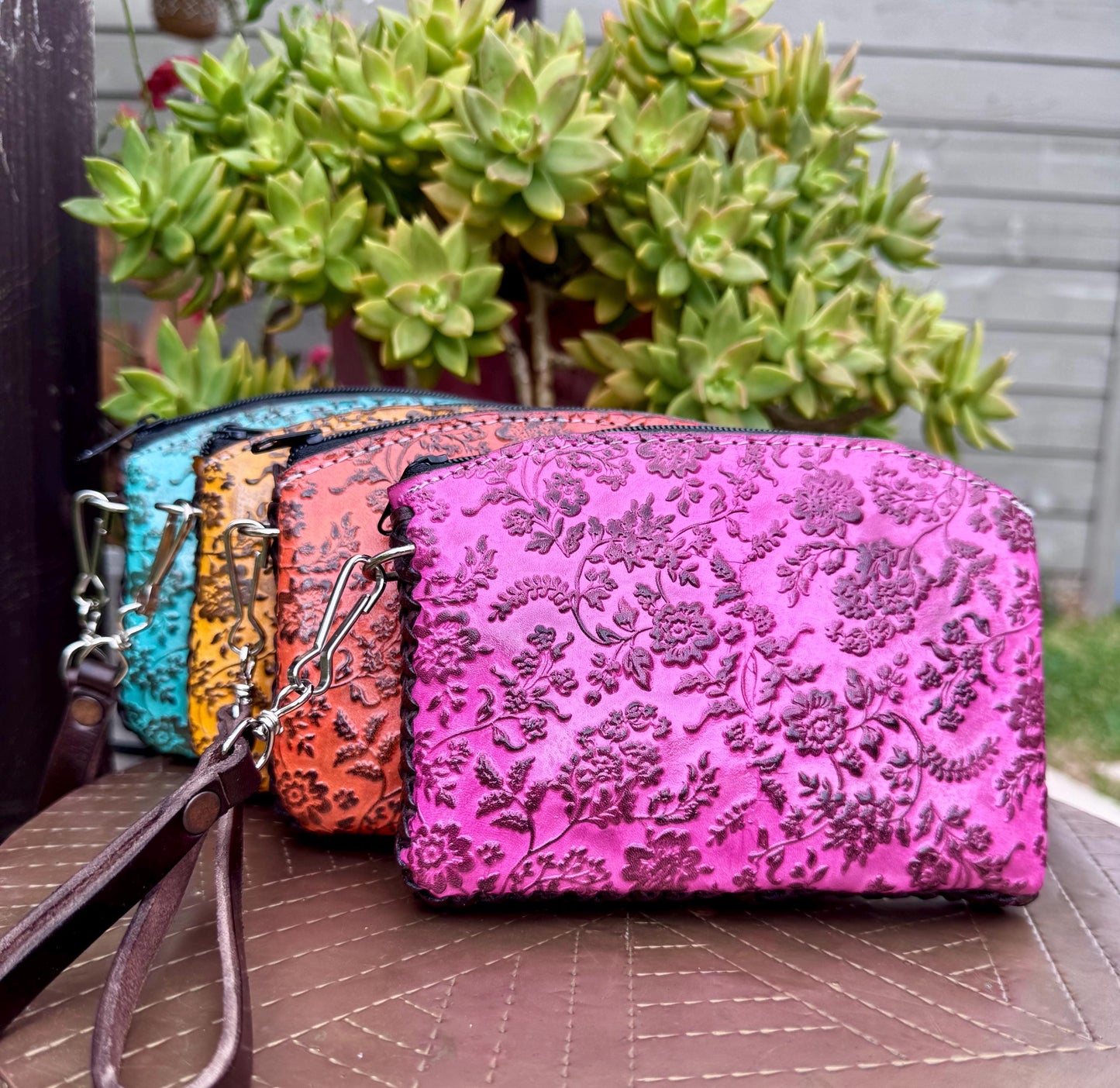 Hand-Tooled Leather Floral Wristlet | Artisan Made in Mexico, Western Chic Clutch
