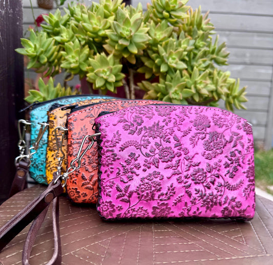 Hand-Tooled Leather Floral Wristlet | Artisan Made in Mexico, Western Chic Clutch
