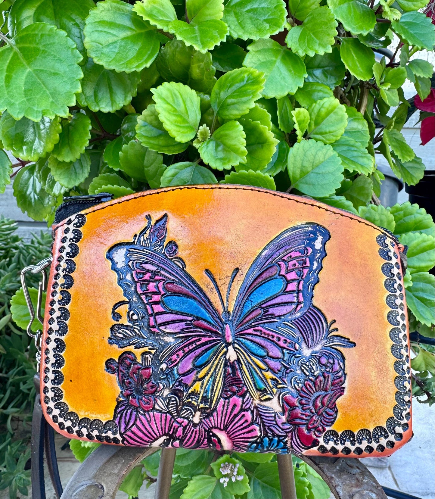 Hand-Tooled Genuine Floral Butterfly Leather Wristlet | Artisan Made in Mexico | Everyday Leather Cosmetic Bag | Western Chic Clutch