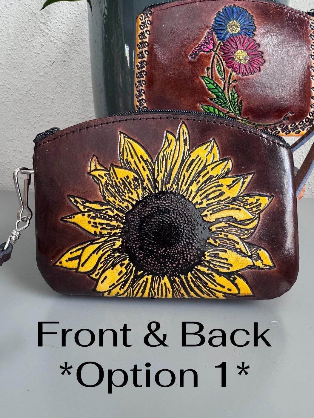 Hand-Tooled Genuine Leather Wristlet | Artisan Made in Mexico | Everyday Leather Cosmetic Bag | Western Chic Double Sided Clutch (3 Designs)