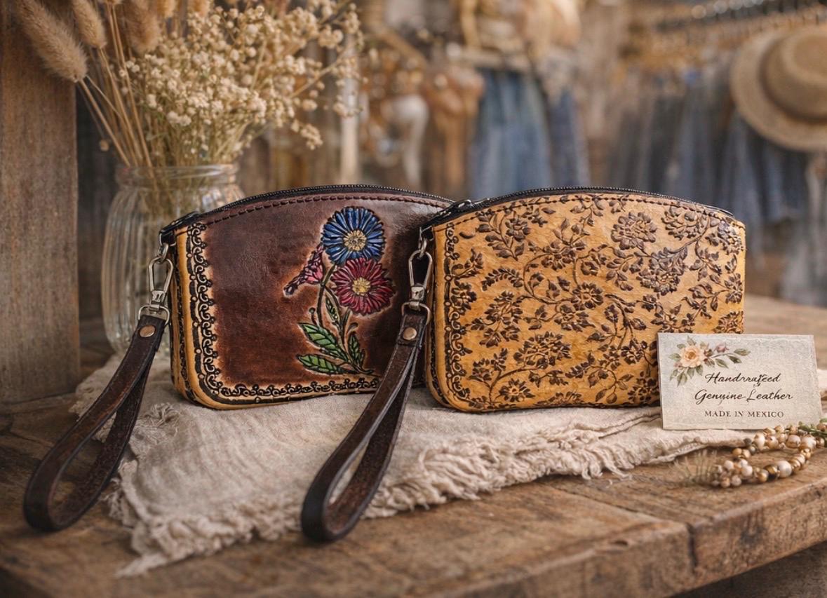 Hand-Tooled Leather Floral Wristlet | Artisan Made in Mexico, Western Chic Clutch