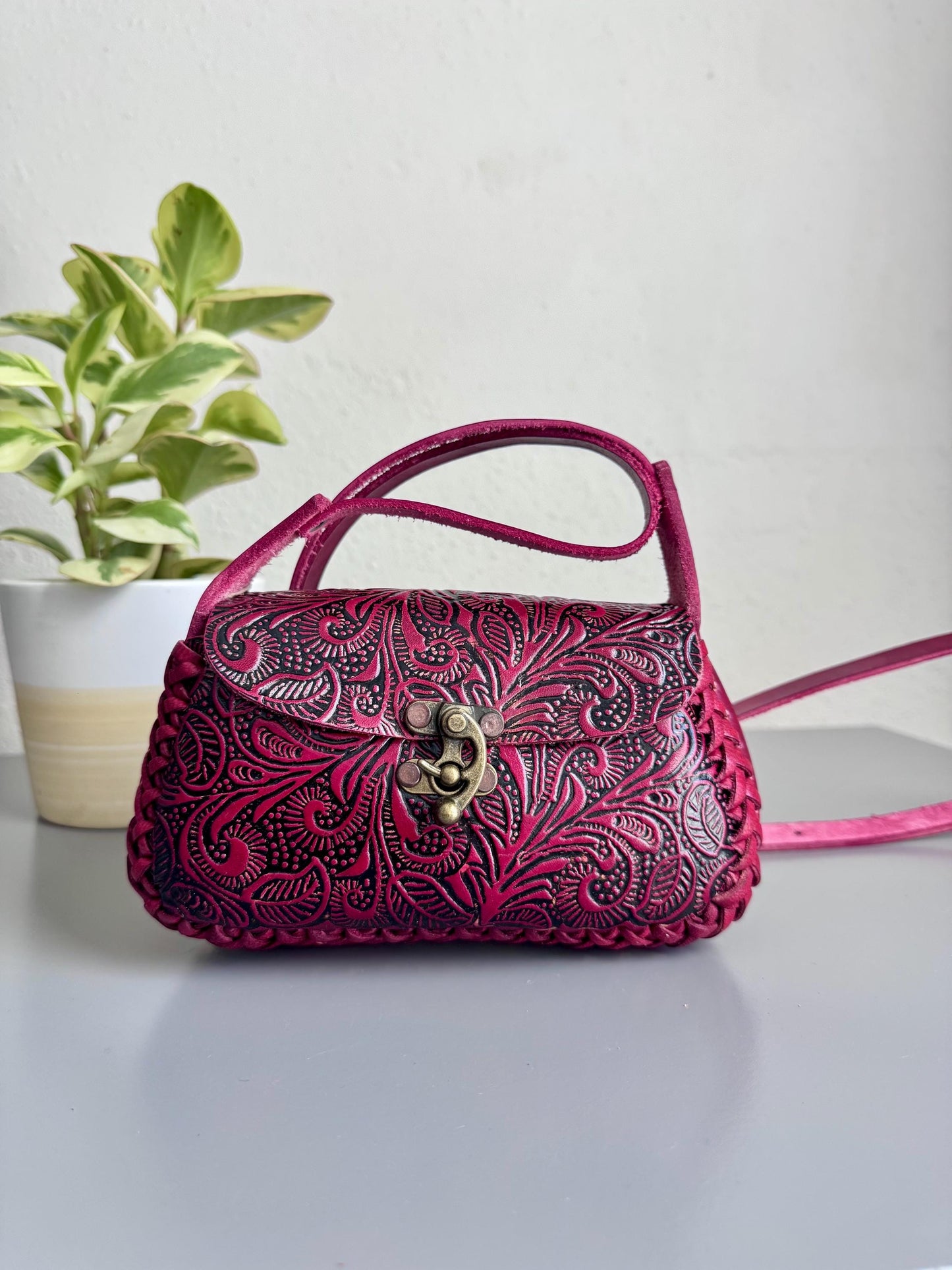 Hand Tooled Leather Crossbody Bag, Floral Artisan Mini Purse, Mexican Style Handbag