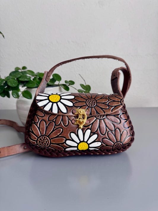 Hand Tooled Leather Crossbody Bag, Floral Artisan Mini Purse, Mexican Style Handbag