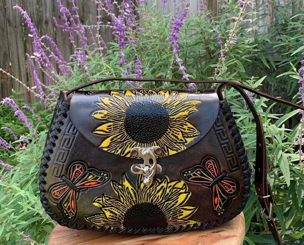 Hand Tooled Leather Crossbody Purse – Sunflower Artisan Bag, Mexican Cincelada Technique