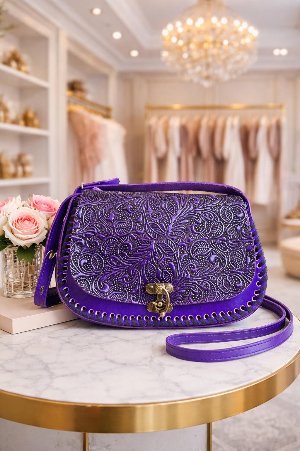 Leather Hand-Tooled Embossed Mexican Floral Handbag, Handmade Violet Flower Purple Motif Purse, Artesanal Bag