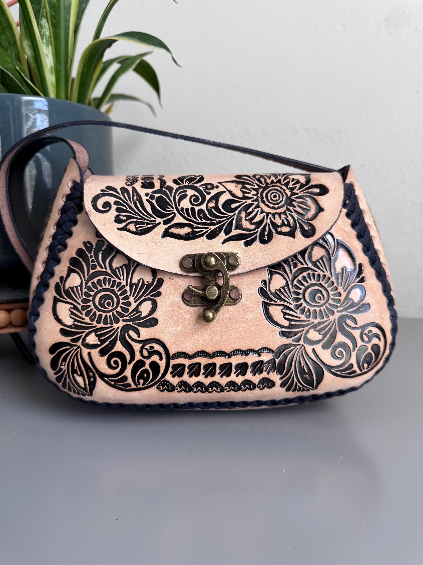 Hand-Tooled Leather Floral Crossbody Purse, Mexican Artisan Handbag