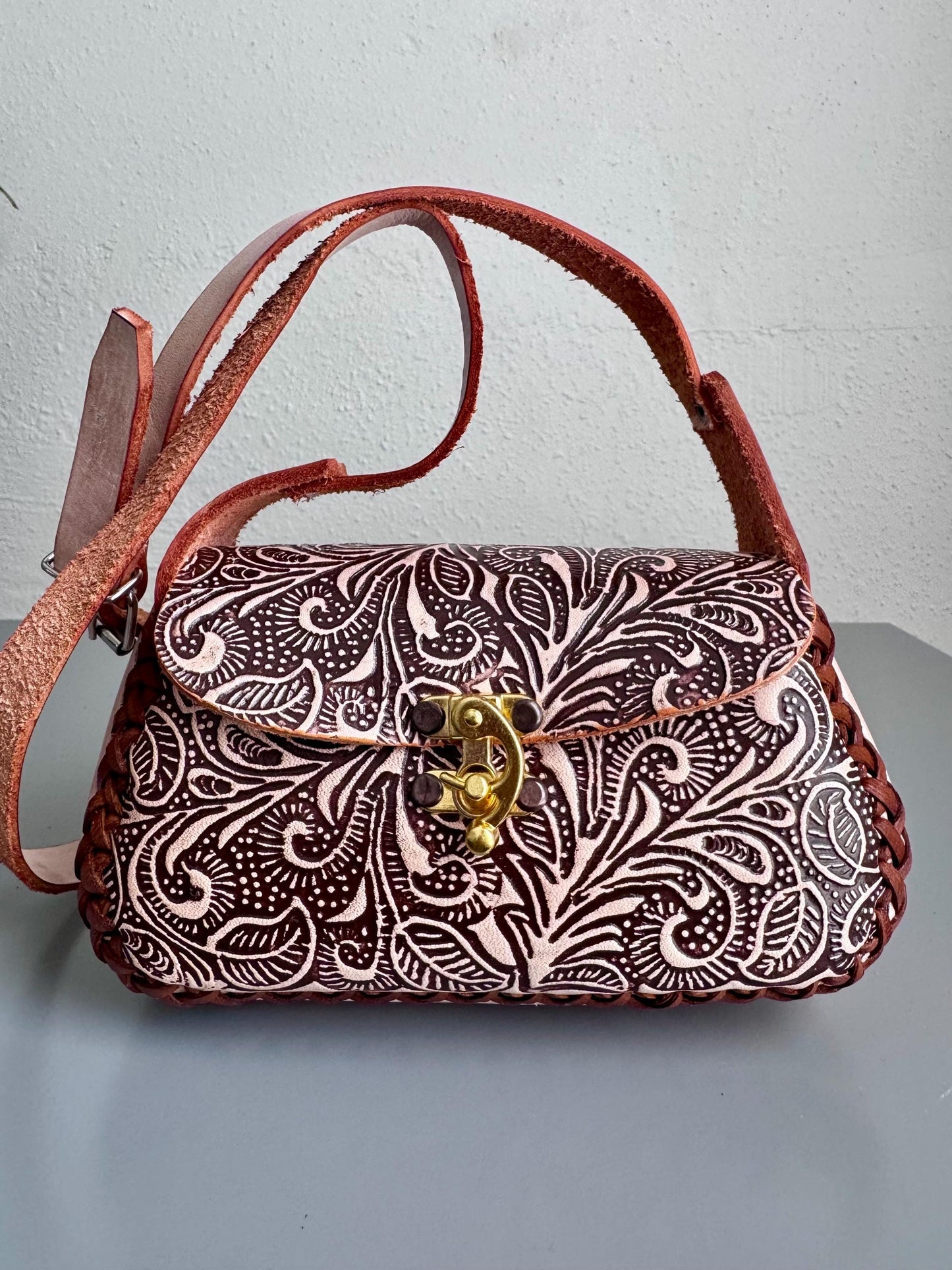 Hand Tooled Leather Crossbody Bag, Floral Artisan Mini Purse, Mexican Style Handbag