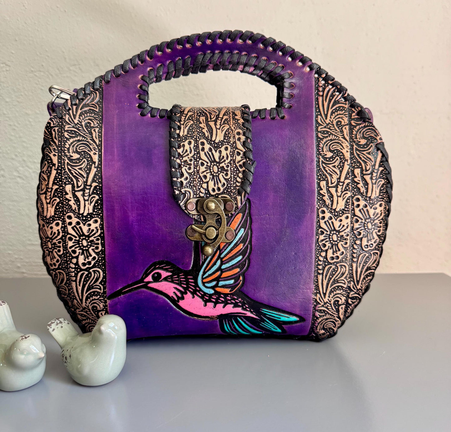Hand Tooled Leather Hummingbird Purse – Mexican Artisan Floral Crossbody Bag