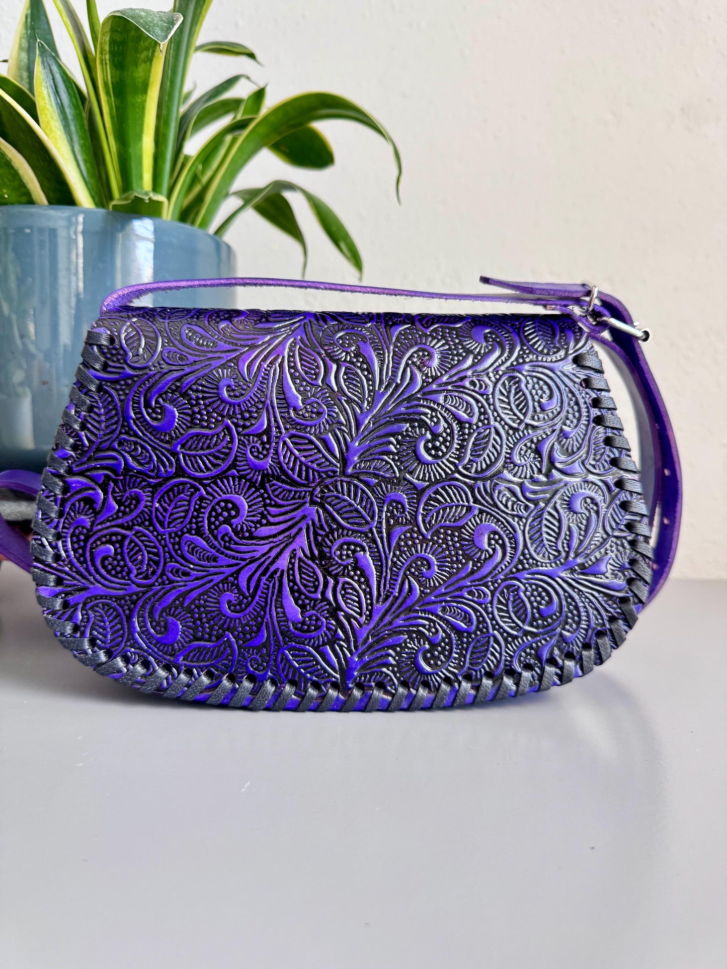 Leather Hand-Tooled Embossed Mexican Floral Handbag, Handmade Violet Flower Purple Motif Purse, Artesanal Bag
