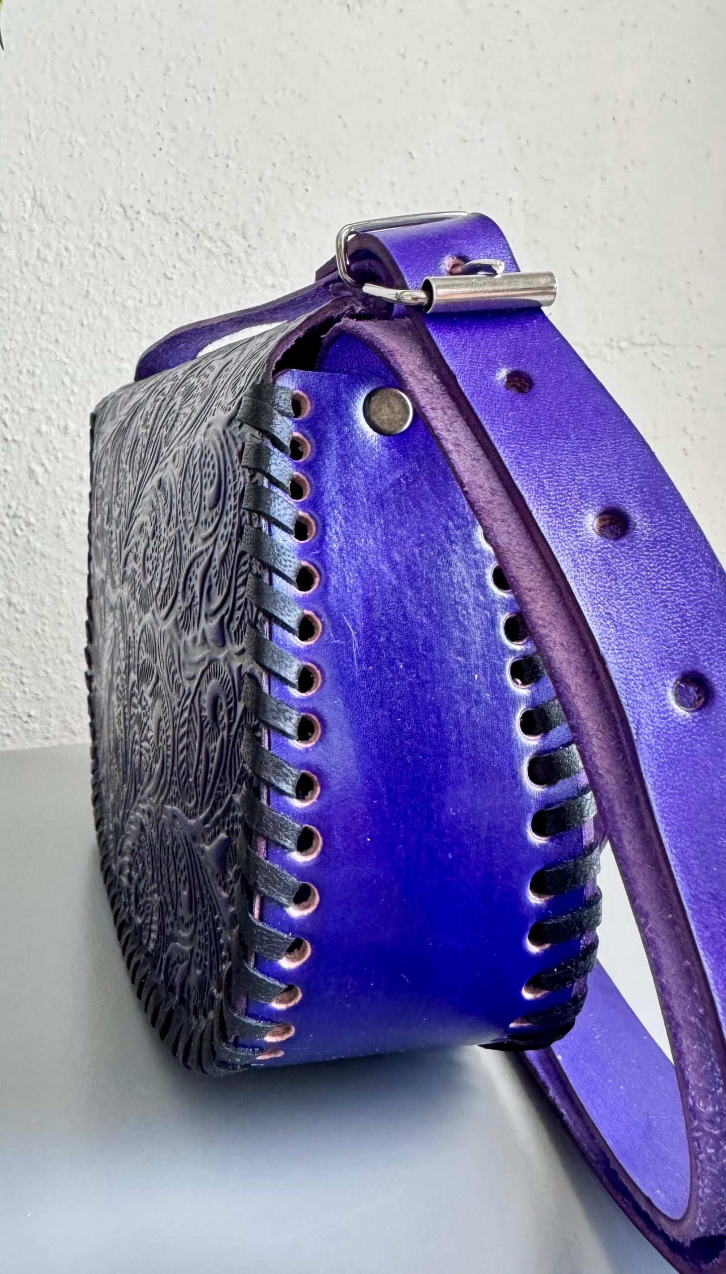 Leather Hand-Tooled Embossed Mexican Floral Handbag, Handmade Violet Flower Purple Motif Purse, Artesanal Bag